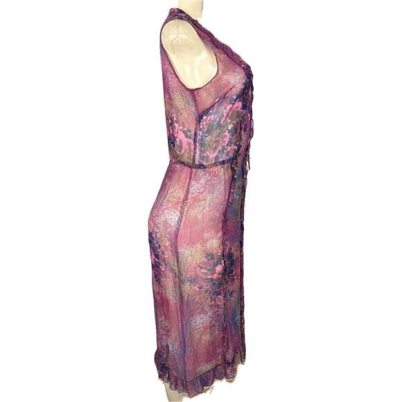 Plenty M Purple Floral Silk Sheer V-Neckline Rufffle Sleeveless Below Knee Dress - Picture 3 of 6